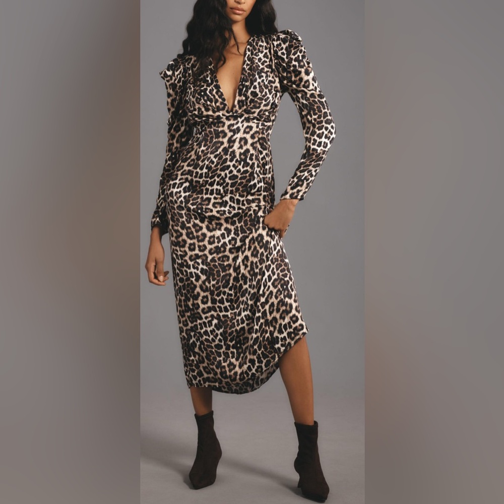 NWT Farm Rio‎ Leopard Print Long Sleeve V-Neck Midi Dress in Brown - S